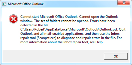 Microsoft Office Outlook을 시작할 수 없습니다. Outlook 창을 열 수 없습니다. 폴더 세트를 열 수 없습니다. [c:\..\outlook.pst] 파일에서 오류가 감지되었습니다. Outlook과 모든 메일 사용 가능 애플리케이션을 종료한 다음 받은 편지함 복구 도구(Scanpst.exe)를 사용하여 파일의 오류를 진단하고 복구합니다. 받은 편지함 복구 도구에 대한 자세한 내용은 도움말을 참조하세요.