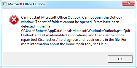 Microsoft Office Outlook을 시작할 수 없습니다. Outlook 창을 열 수 없습니다. 폴더 집합을 열 수 없습니다. [c:\..\outlook.pst] 파일에서 오류가 감지되었습니다. Outlook 및 모든 메일 사용 가능 응용 프로그램을 종료한 다음 받은 편지함 오류 수정 도구(Scanpst.exe)를 사용하여 파일의 오류를 진단하고 복구합니다. 받은 편지함 오류 수정 도구에 대한 자세한 내용은 도움말을 참조하십시오.